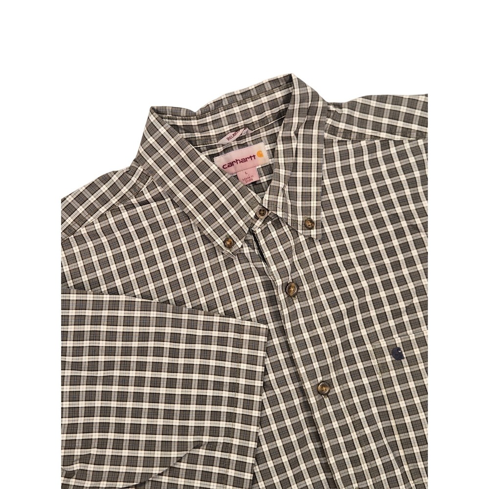 Carhartt Mens Relaxed Fit Plaid Short Sleeve Button Down Shirt Olive L